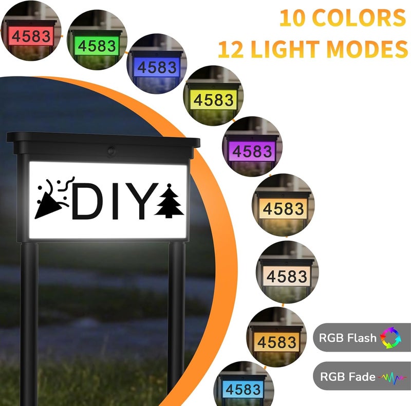 LumiZen Upgraded Solar Address Sign, House Numbers for Outside Double Side, 12-Color Modes Lighting Address Plaque Outdoor Waterproof, Illuminated LED Address Numbers with Stakes for Yard Home Mailbox - Image 2